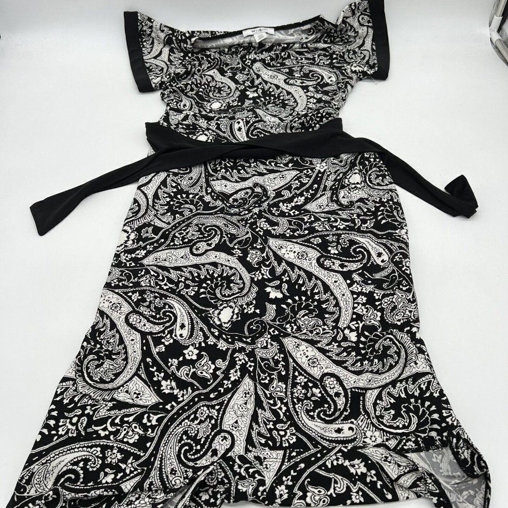 WHITE HOUSE BLACK MARKET Black White Paisley Midi Dress Size XXS Belted
